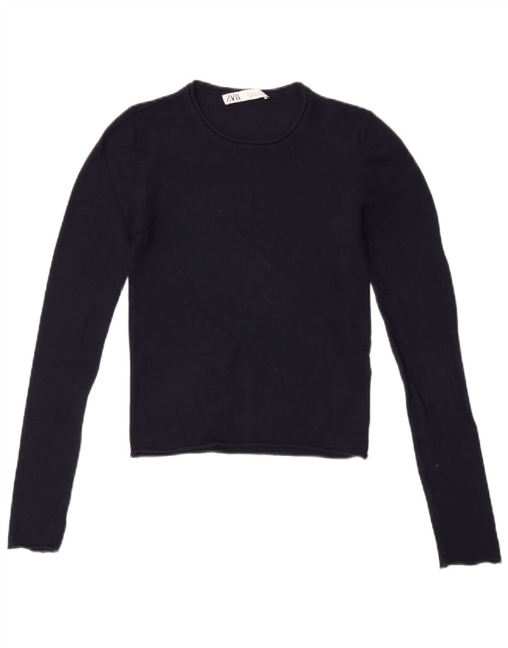 Zara Womens Crop Top Long Sleeve UK 8 Small Navy Blue Viscose