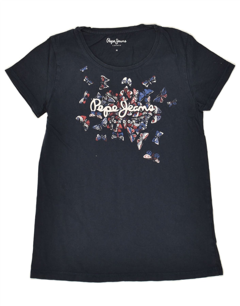 PEPE JEANS Womens Graphic T-Shirt Top UK 6 XS Navy Blue Cotton | Vintage PEPE Jeans | Thrift | Second-Hand PEPE Jeans | Used Clothing | Messina Hembry 