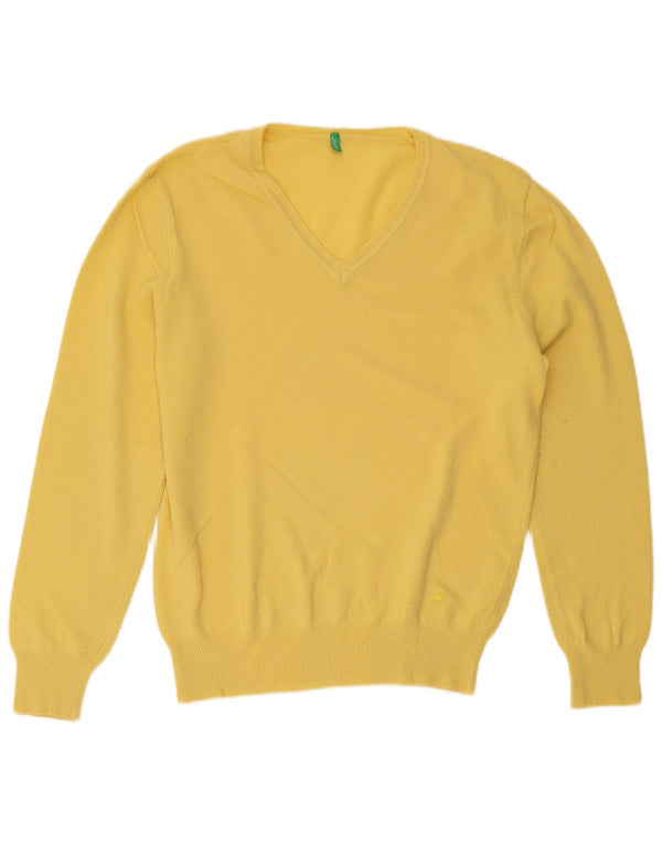 Benetton Mens V-Neck Jumper Sweater Medium Yellow