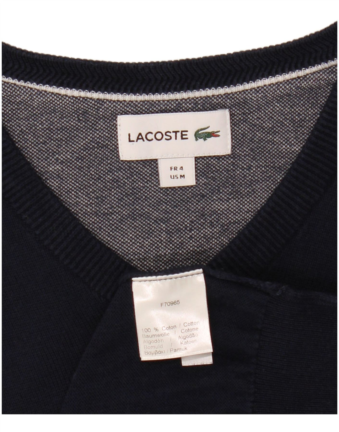 LACOSTE Mens V-Neck Jumper Sweater Size 4 Medium Navy Blue Cotton