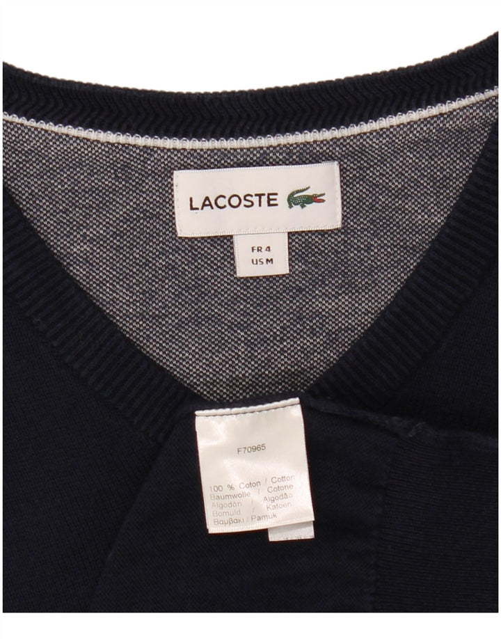LACOSTE Mens V-Neck Jumper Sweater Size 4 Medium Navy Blue Cotton