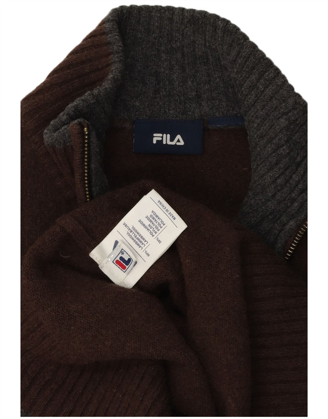 Fila Mens Zip Neck Jumper Sweater Large Brown Lambswool