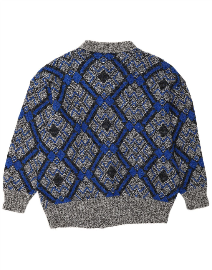 Vintage Mens Cardigan Sweater Large Grey Geometric