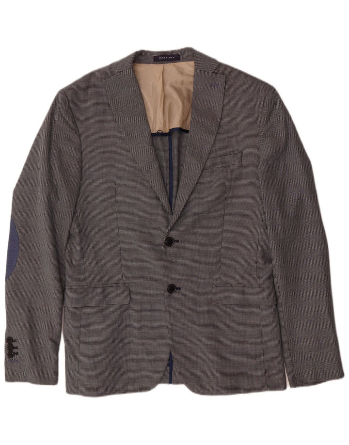 Zara Mens 2 Button Blazer Jacket EU 48 Medium Navy Blue Houndstooth