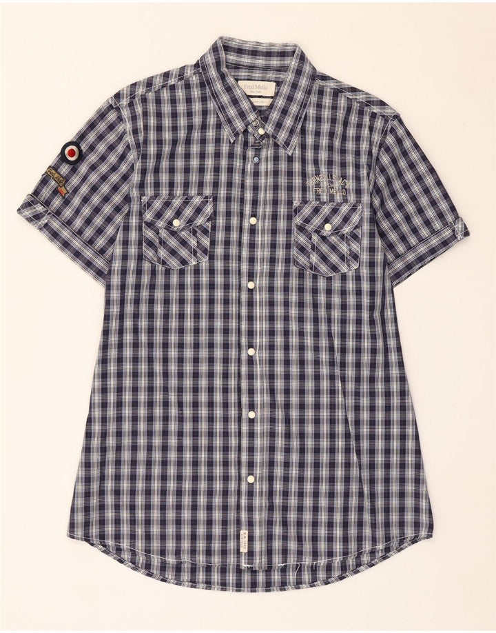 Fred Mello Mens Short Sleeve Shirt Large Navy Blue Check Cotton