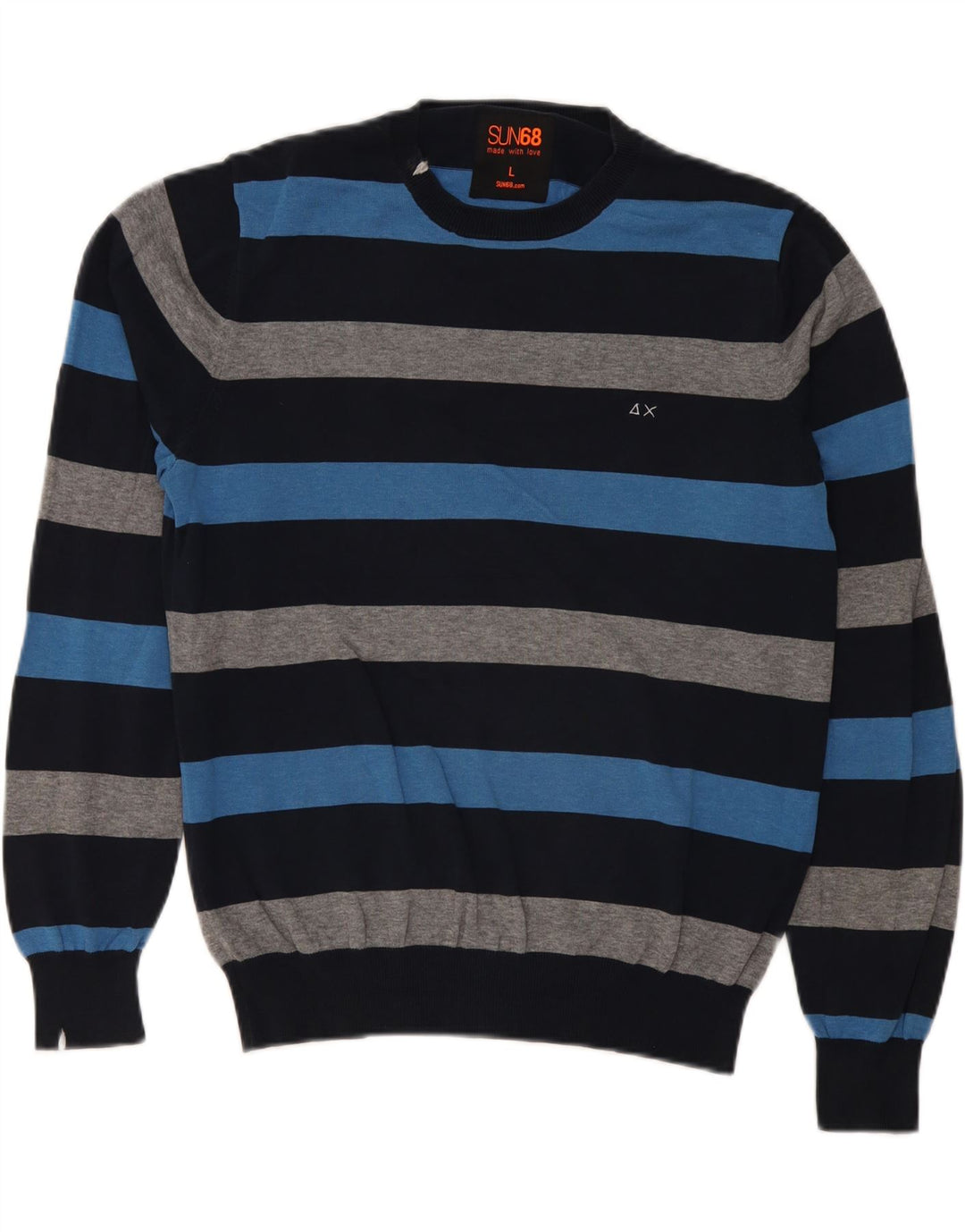 Sun68 Mens Crew Neck Jumper Sweater Large Blue Striped Cotton