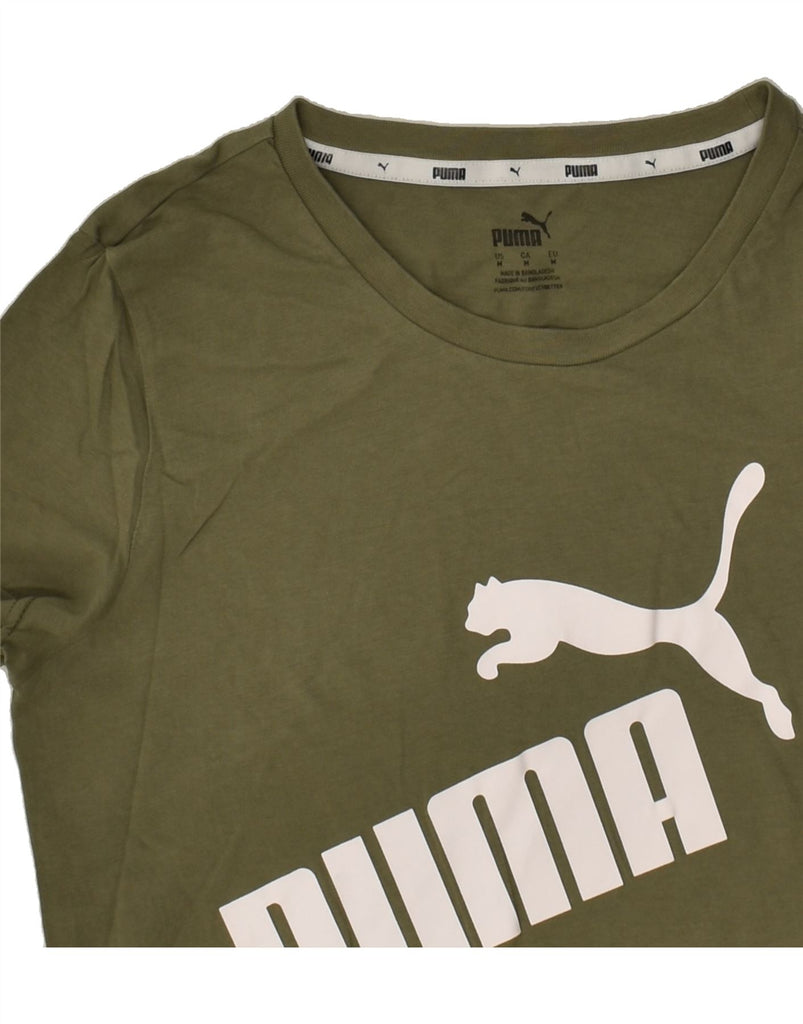 PUMA Womens Graphic T-Shirt Top UK 12 Medium Khaki Cotton | Vintage Puma | Thrift | Second-Hand Puma | Used Clothing | Messina Hembry 