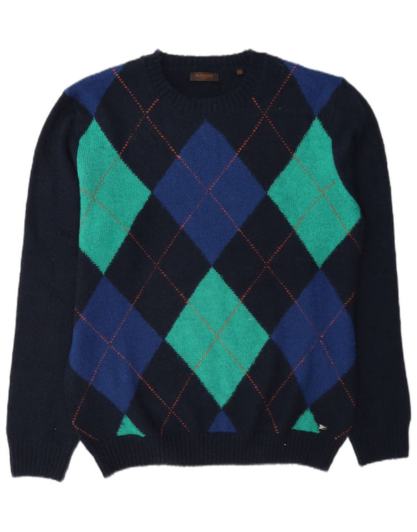 Markup Mens Crew Neck Jumper Sweater XL Navy Blue Argyle/Diamond Acrylic