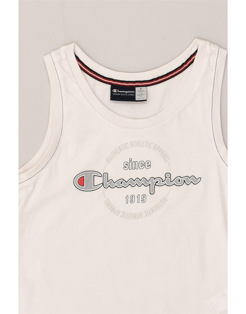 CHAMPION Boys Graphic Vest Top 7-8 Years Small White Cotton | Vintage Champion | Thrift | Second-Hand Champion | Used Clothing | Messina Hembry 