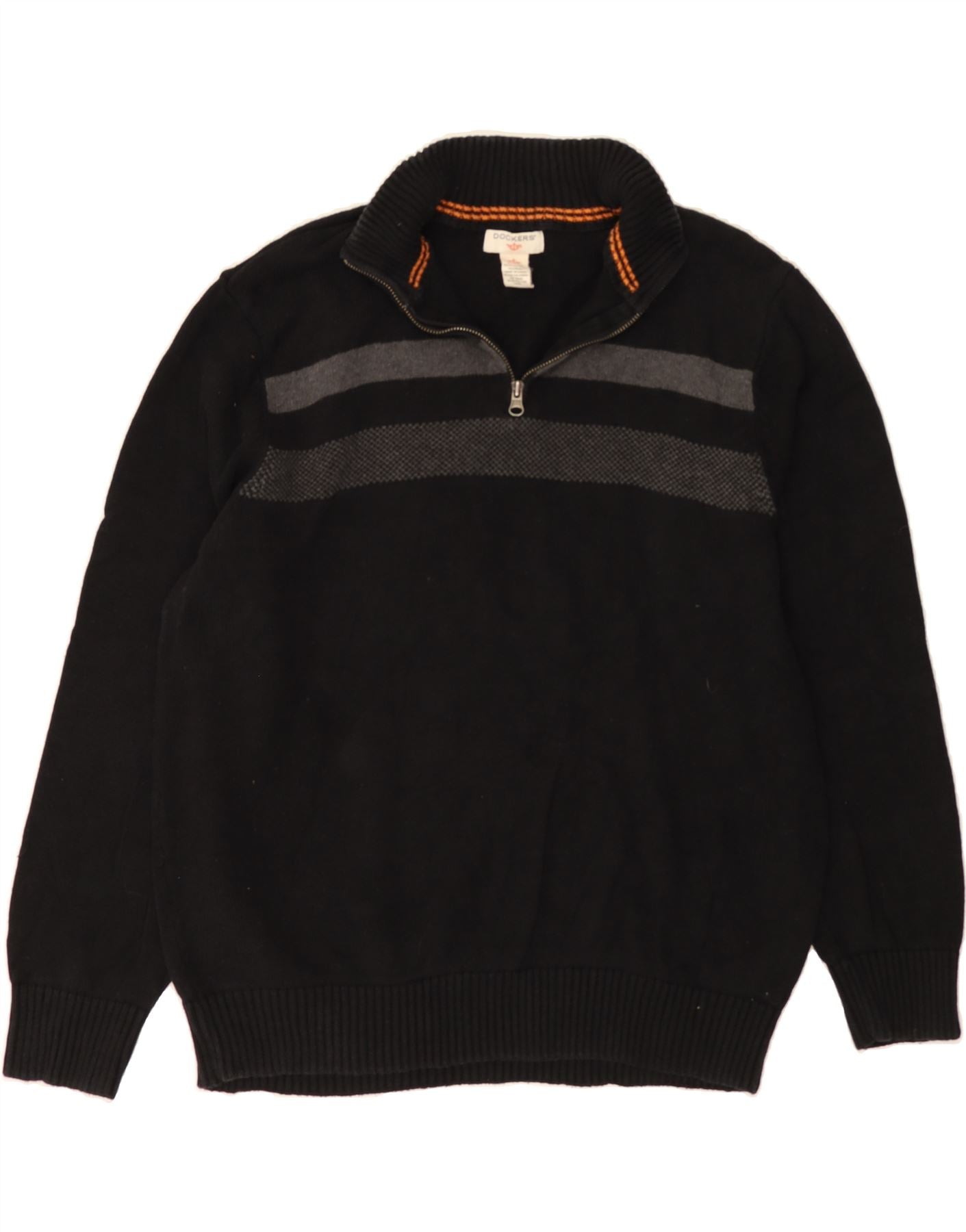 DOCKERS Mens Zip Neck Jumper Sweater XL Black Striped Cotton