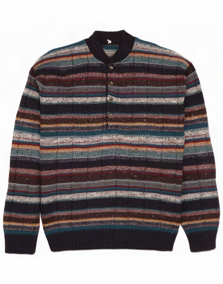 Vintage Mens Button Neck Jumper Sweater Medium Multicoloured Striped Wool