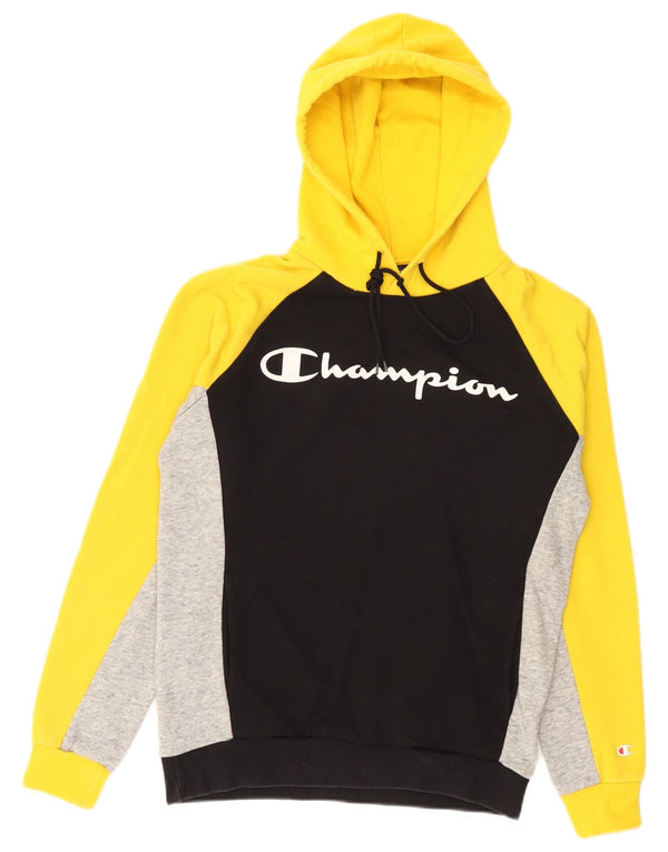 Champion Mens Graphic Hoodie Jumper Small Yellow Colourblock Cotton