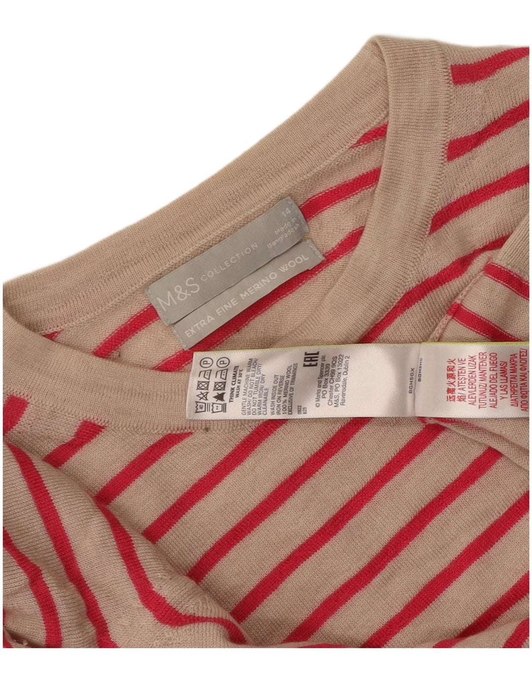 Marks & Spencer Womens Crew Neck Jumper Sweater UK 14 Medium Beige Striped