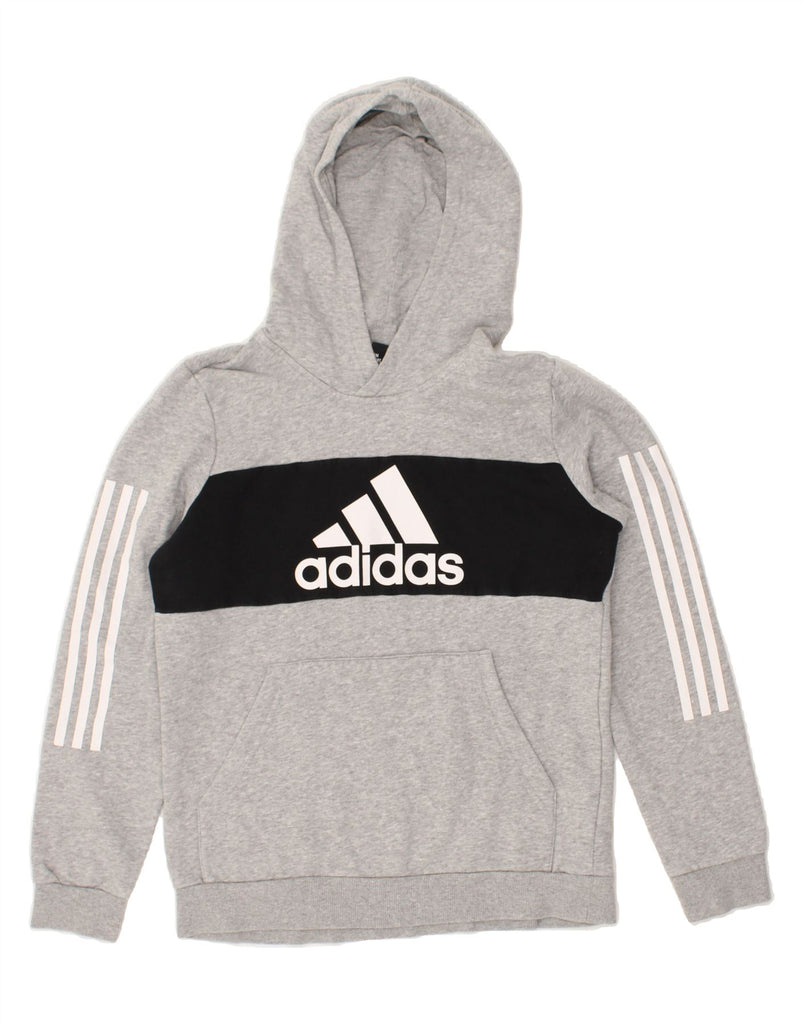 ADIDAS Boys Graphic Hoodie Jumper 13-14 Years Large Grey Colourblock | Vintage Adidas | Thrift | Second-Hand Adidas | Used Clothing | Messina Hembry 