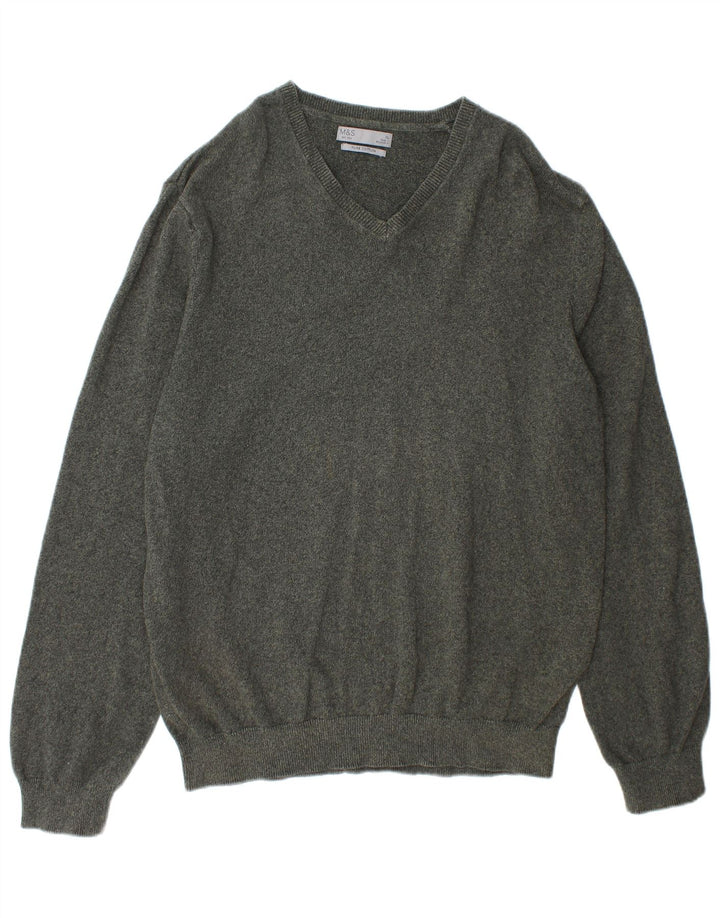 Marks & Spencer Mens V-Neck Jumper Sweater XL Green Cotton