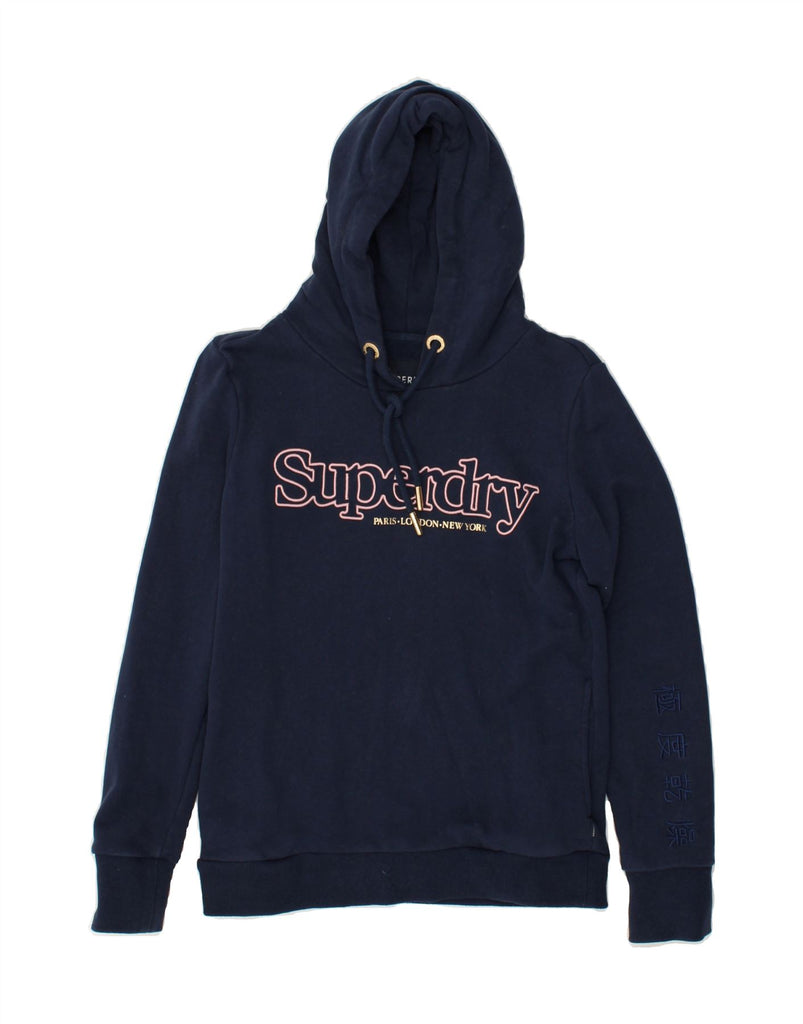 SUPERDRY Womens Graphic Hoodie Jumper UK 10 Small Navy Blue Cotton | Vintage Superdry | Thrift | Second-Hand Superdry | Used Clothing | Messina Hembry 