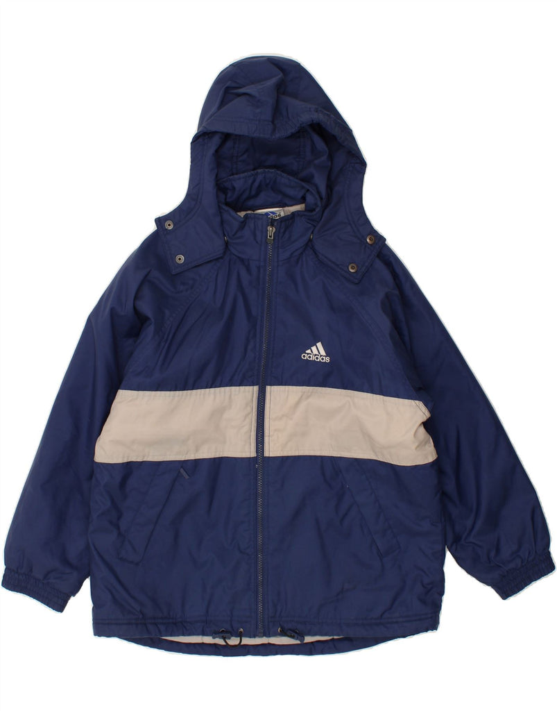 ADIDAS Boys Graphic Hooded Windbreaker Jacket 11-12 Years Large Navy Blue Vintage Adidas and Second-Hand Adidas from Messina Hembry 