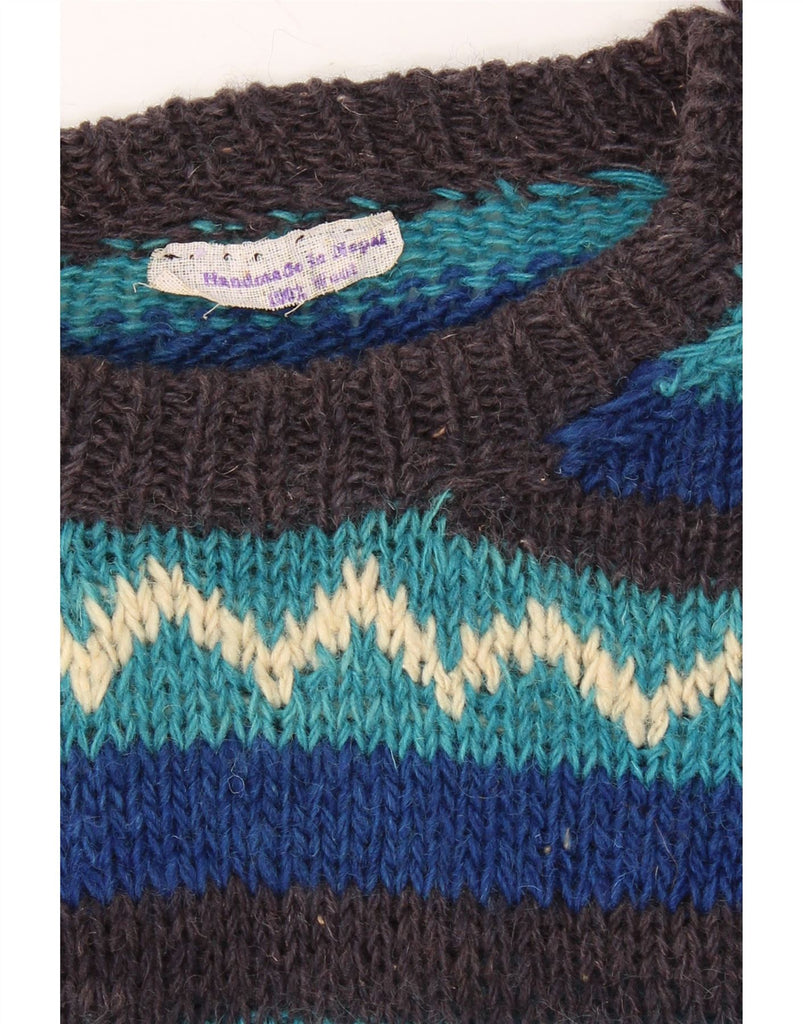 VINTAGE Mens Crew Neck Jumper Sweater Medium Blue Fair Isle Wool Vintage Vintage and Second-Hand Vintage from Messina Hembry 