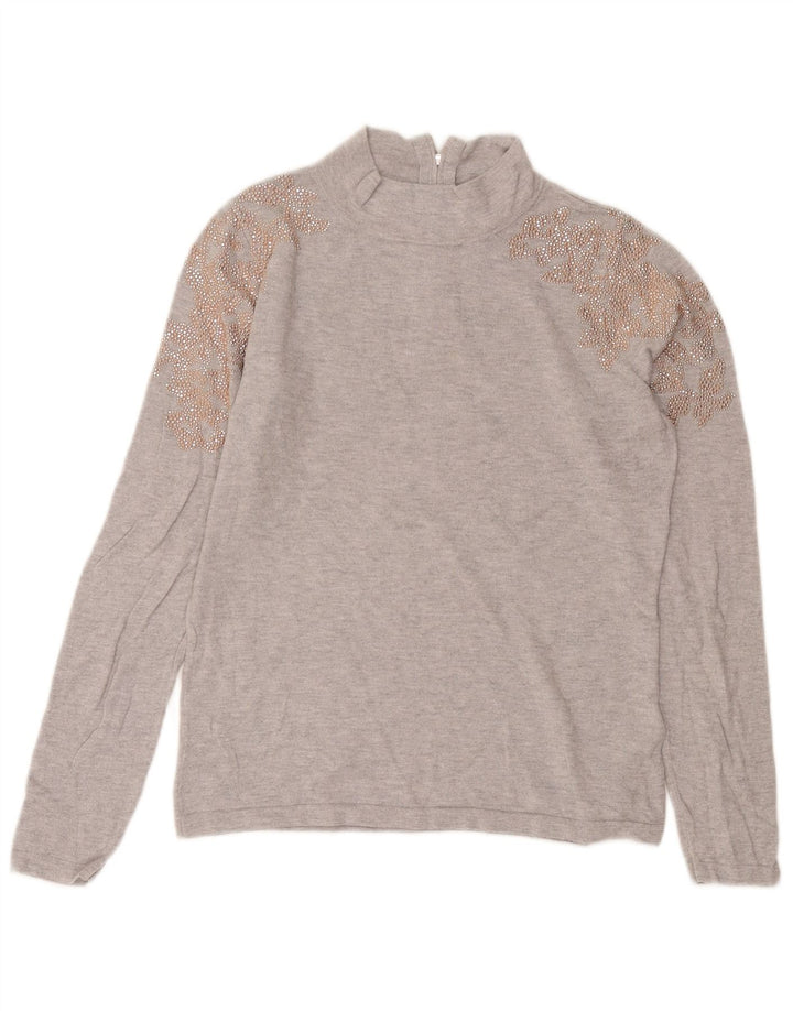 Coast Womens Turtle Neck Jumper Sweater UK 12 Medium Grey Floral Polyamide