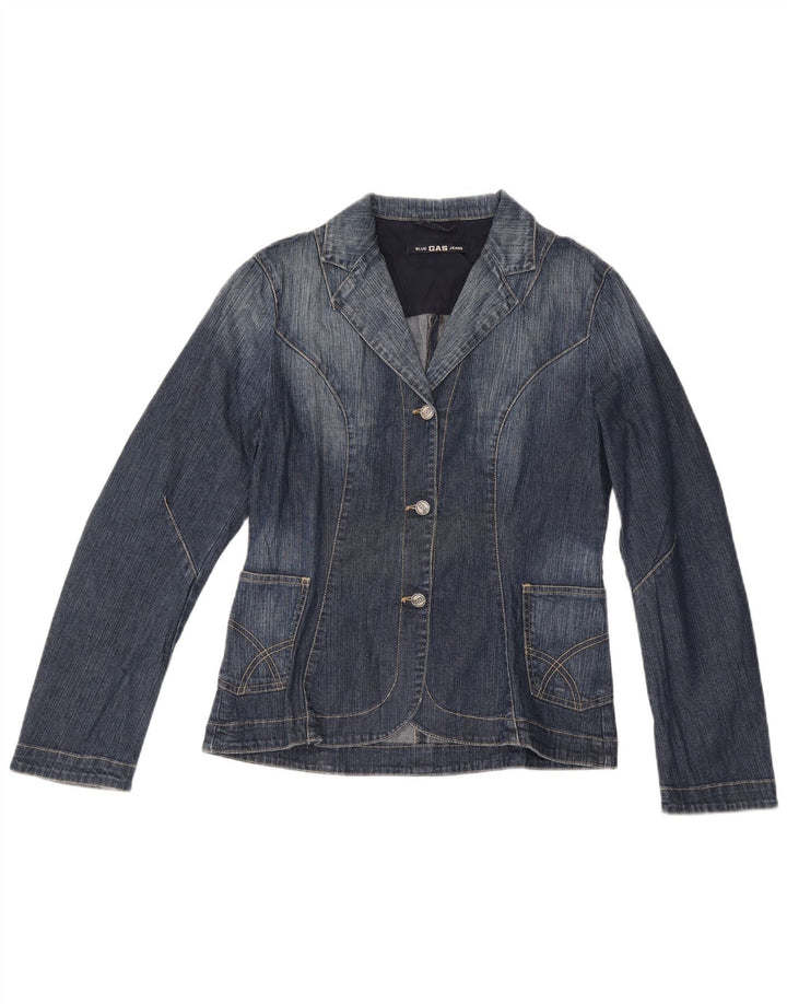 Gas Womens 3 Button Denim Blazer Jacket UK 14 Large Blue Cotton
