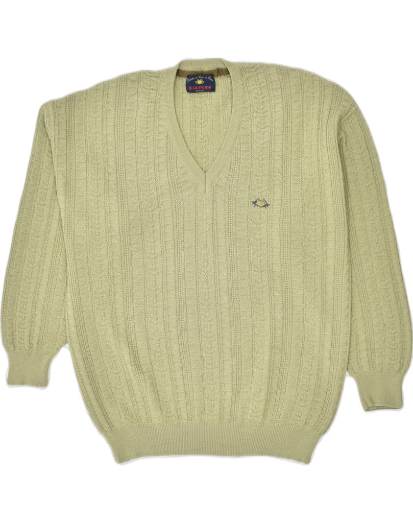 IL GRANCHIO Mens V-Neck Jumper Sweater Large Khaki Wool | Vintage Il Granchio | Thrift | Second-Hand Il Granchio | Used Clothing | Messina Hembry 