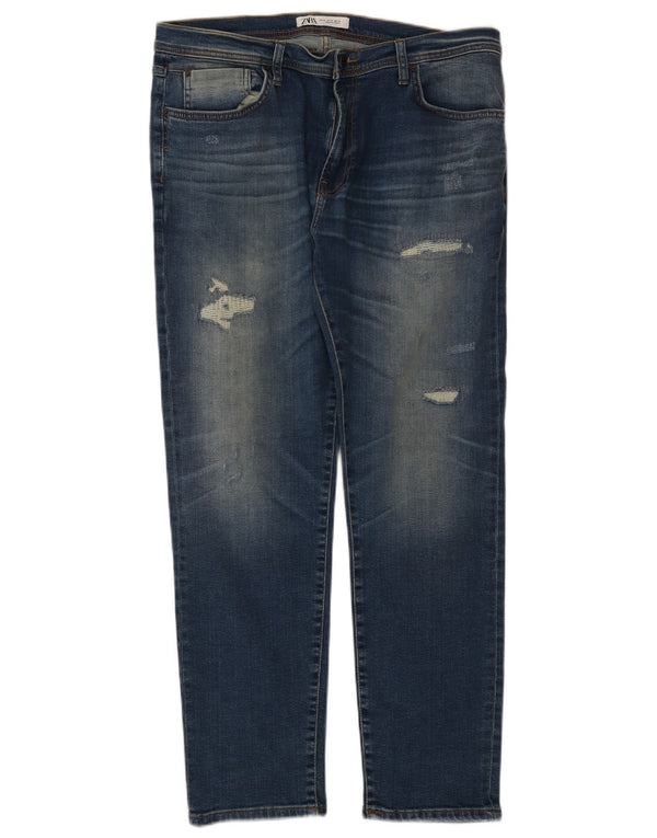 Zara Mens Distressed Straight Jeans EU 46 XL W36 L29 Navy Blue Cotton