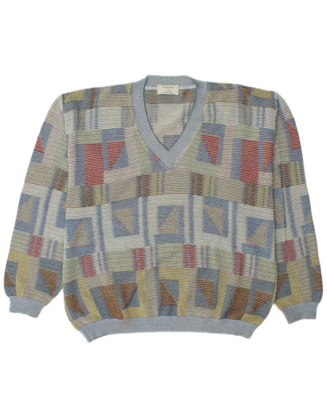 VINTAGE Mens V-Neck Jumper Sweater IT 52 Large Multicoloured Geometric