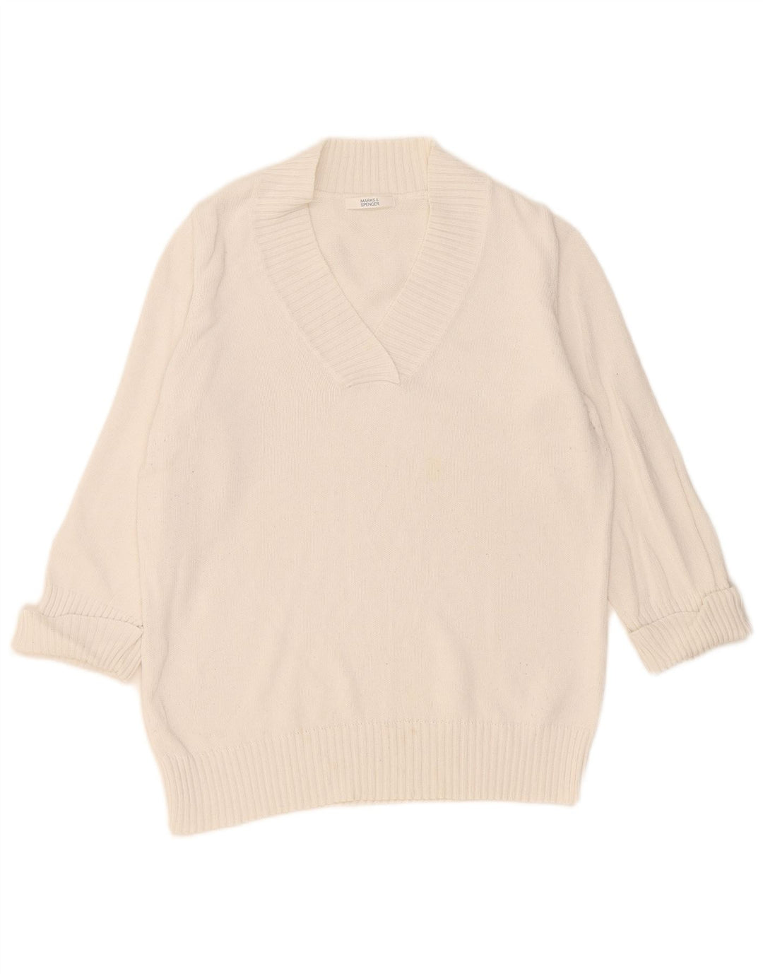 Marks & Spencer Womens V-Neck Jumper Sweater UK 16 Large White Cotton