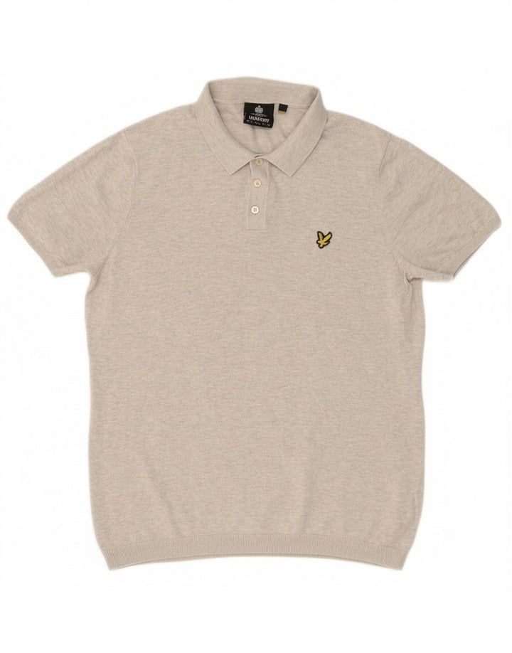 LYLE & SCOTT Mens Short Sleeve Polo Neck Jumper Sweater Large Grey Cotton