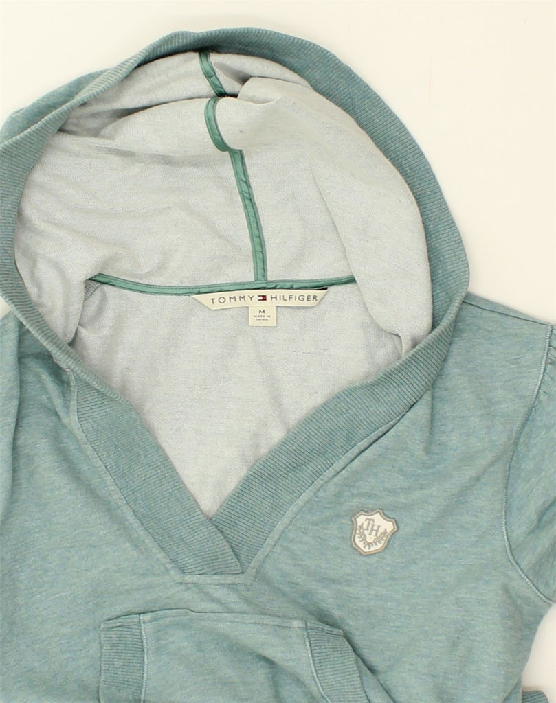 TOMMY HILFIGER Womens Short Sleeve Hoodie Jumper UK 12 Medium Turquoise | Vintage Tommy Hilfiger | Thrift | Second-Hand Tommy Hilfiger | Used Clothing | Messina Hembry 