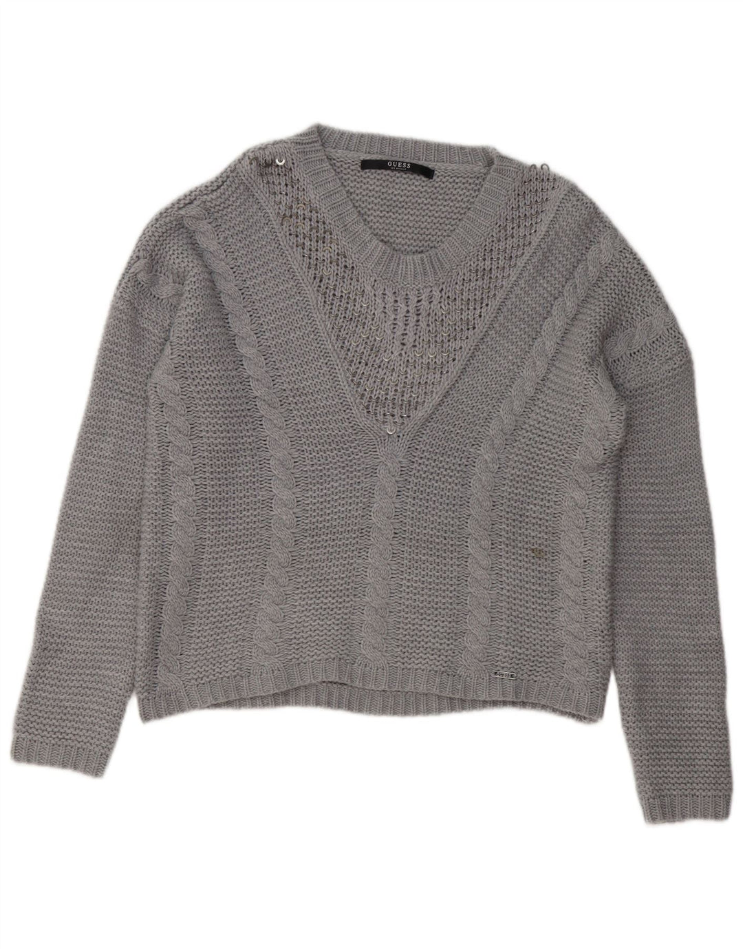 Guess Womens V-Neck Jumper Sweater UK 16 Large Grey Acrylic