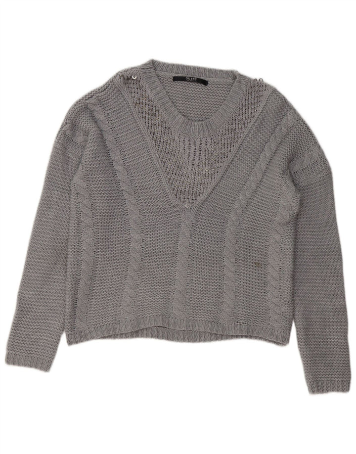 Guess Womens V-Neck Jumper Sweater UK 16 Large Grey Acrylic