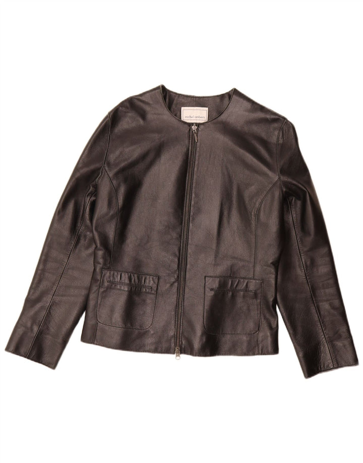 Michel Ambers Womens Leather Full Zip Blazer Jacket UK 12 Medium Black