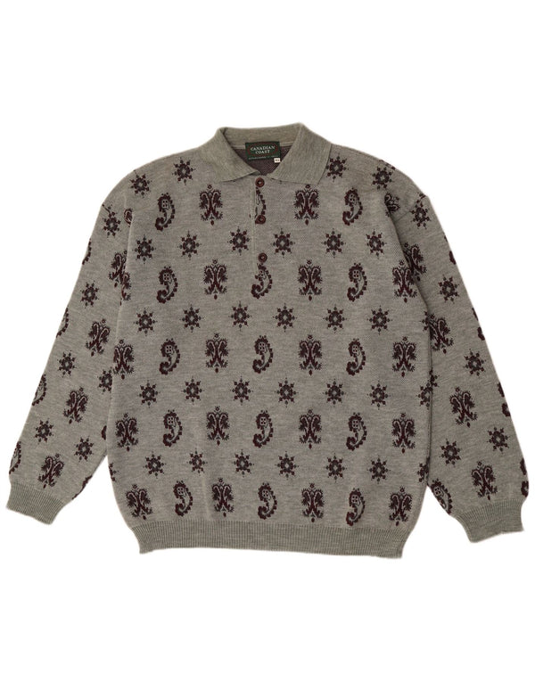 Vintage Mens Polo Neck Jumper Sweater XL Grey Paisley Wool