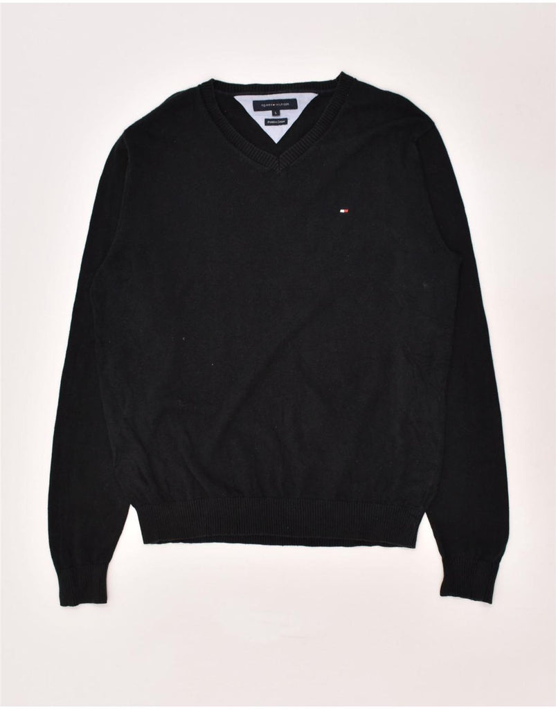 TOMMY HILFIGER Mens V-Neck Jumper Sweater Large Black Cotton | Vintage Tommy Hilfiger | Thrift | Second-Hand Tommy Hilfiger | Used Clothing | Messina Hembry 