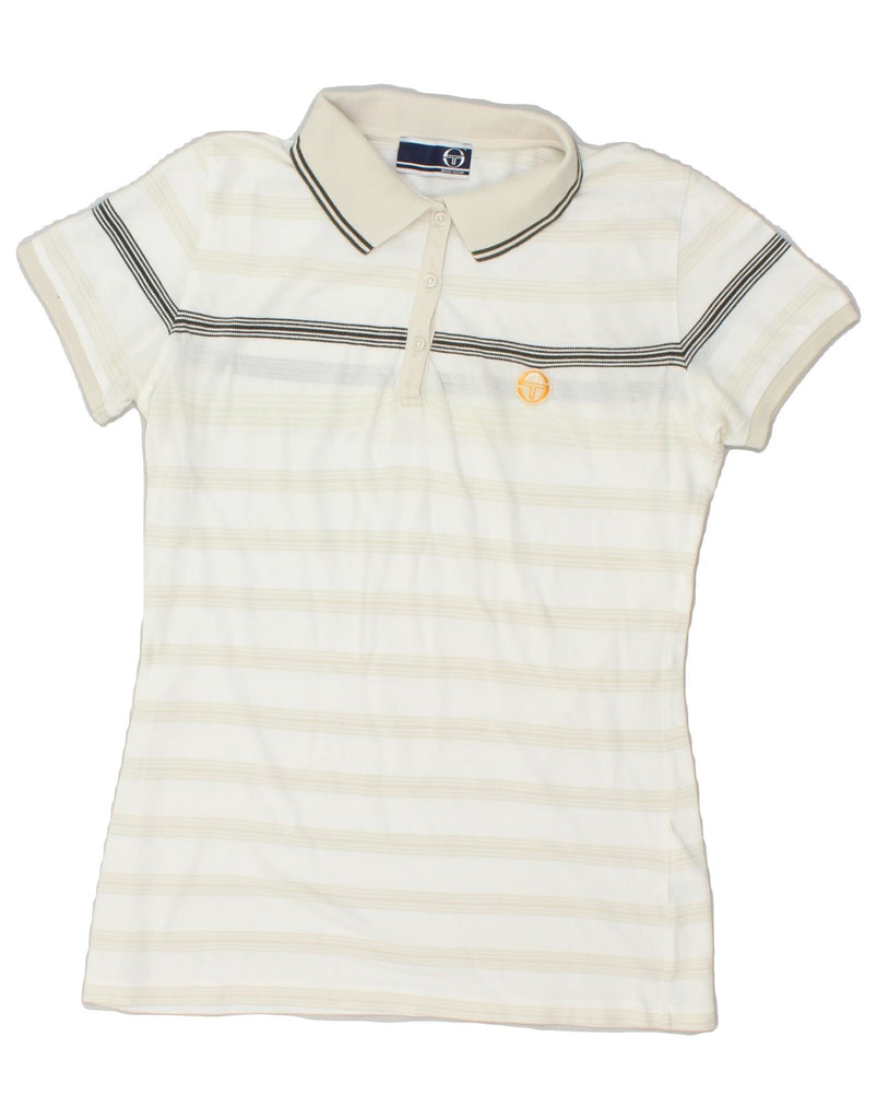 SERGIO TACCHINI Womens Polo Shirt IT 46 Large Beige Striped Cotton | Vintage Sergio Tacchini | Thrift | Second-Hand Sergio Tacchini | Used Clothing | Messina Hembry 