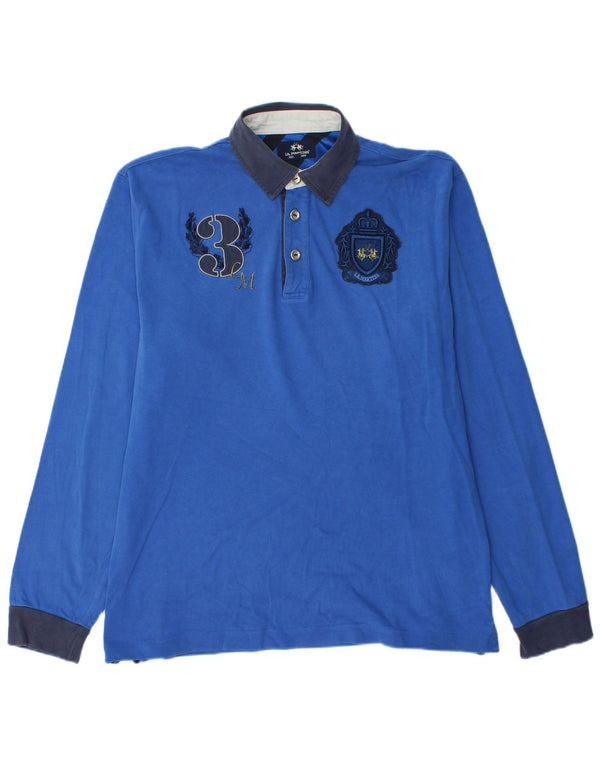 La Martina Mens Graphic Long Sleeve Rugby Polo Shirt XL Blue Cotton