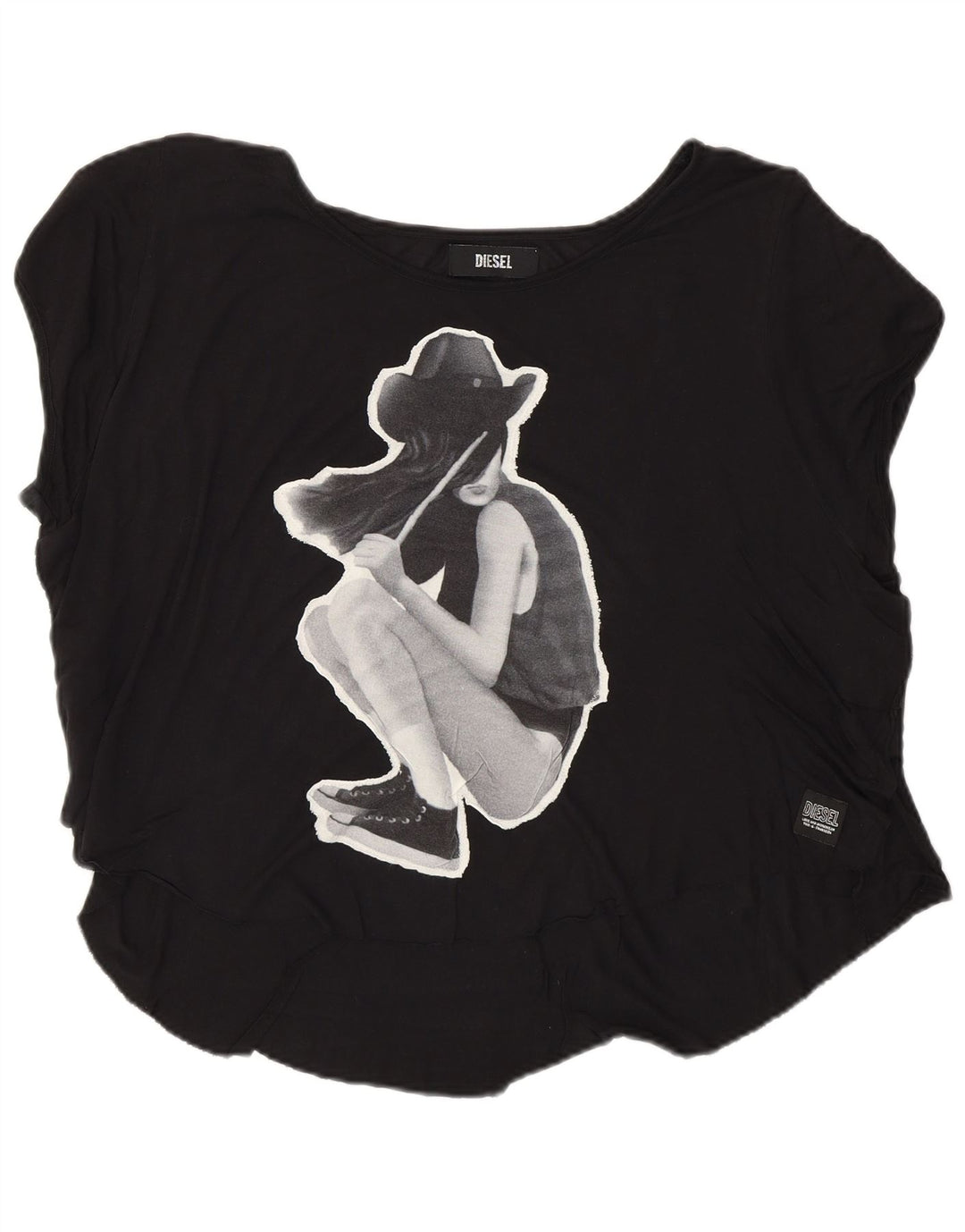 Diesel Womens Graphic T-Shirt Top UK 16 Large Black Viscose