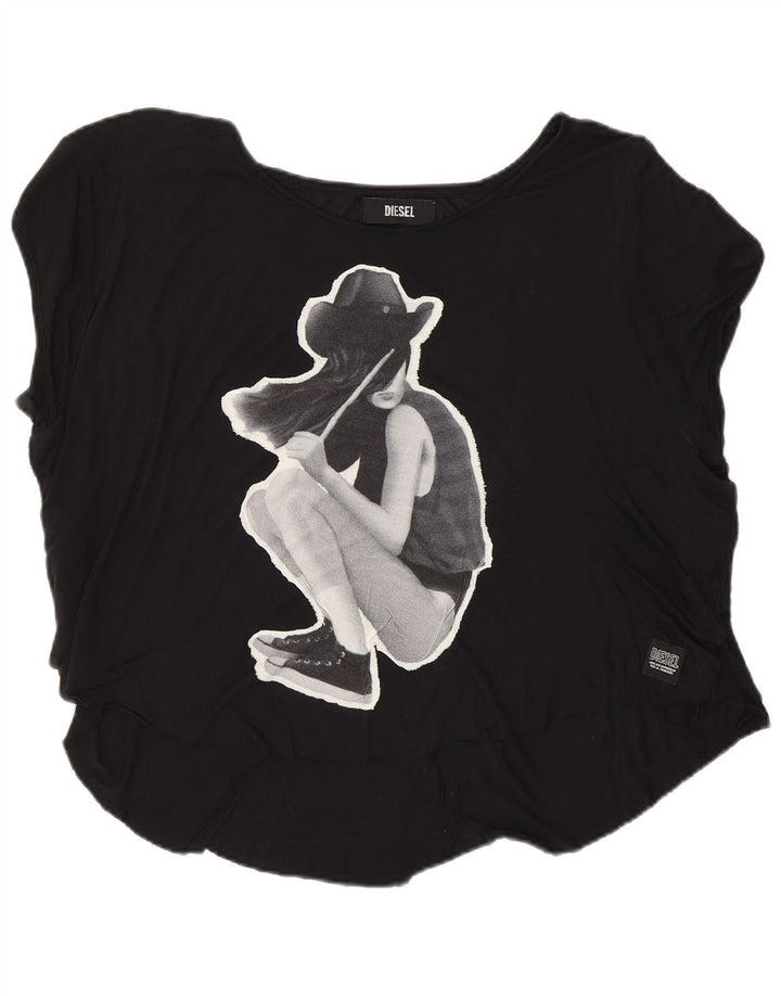 Diesel Womens Graphic T-Shirt Top UK 16 Large Black Viscose