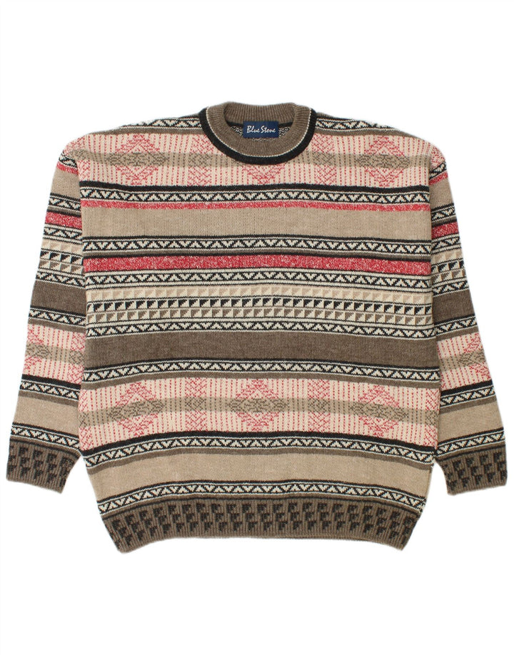 Vintage Mens Crew Neck Jumper Sweater Large Multicoloured Geometric Wool