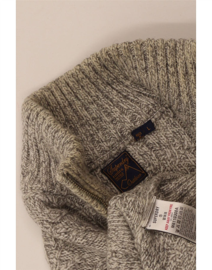 SUPERDRY Mens Zip Neck Jumper Sweater Large Beige Flecked Wool