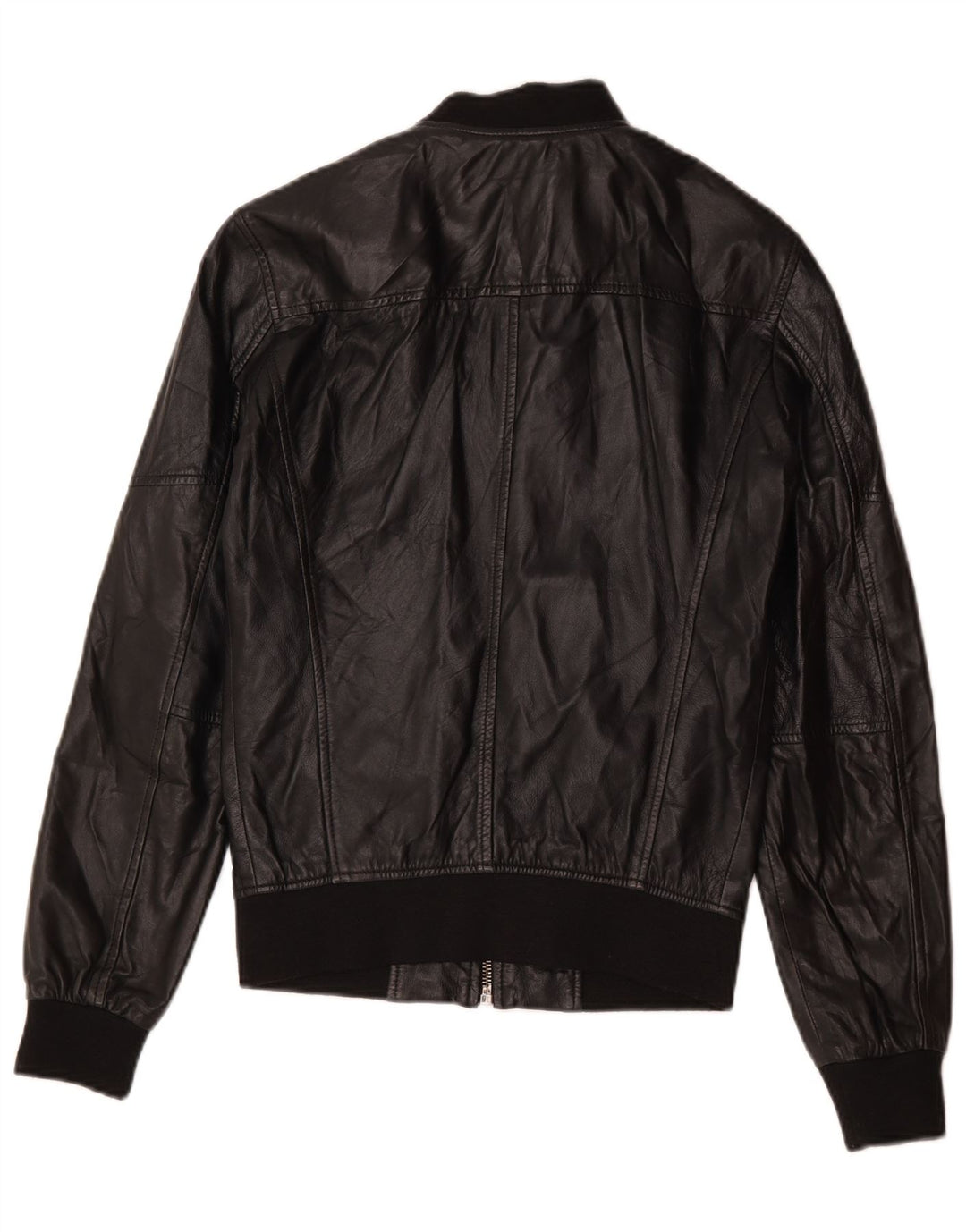 Zara Womens Leather Bomber Jacket UK 10 Small Black Leather