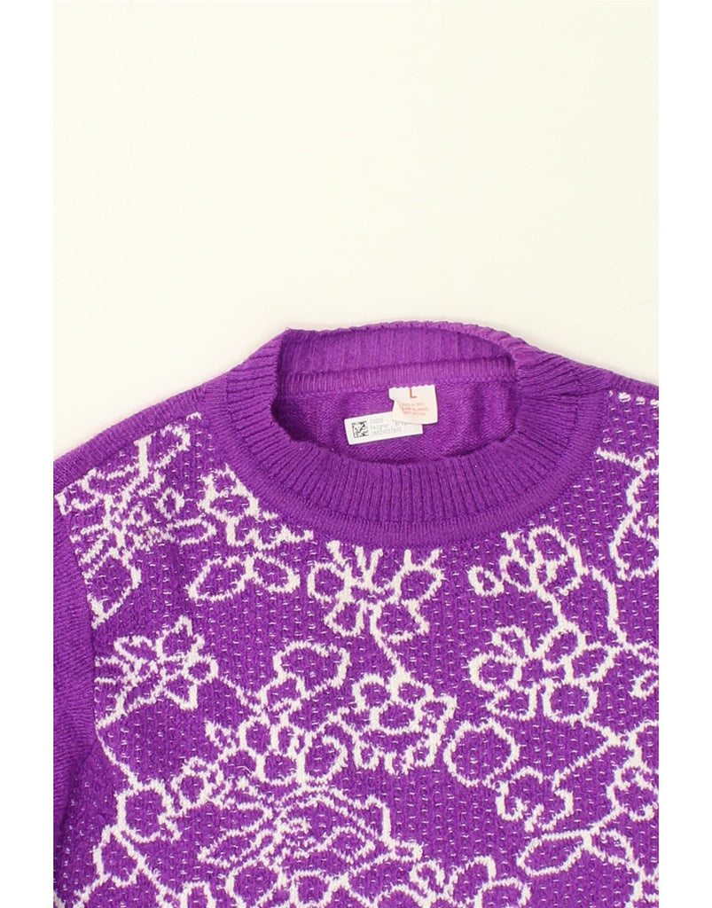 VINTAGE Womens Crew Neck Jumper Sweater UK 16 Large Purple Floral Acrylic Vintage Vintage and Second-Hand Vintage from Messina Hembry 