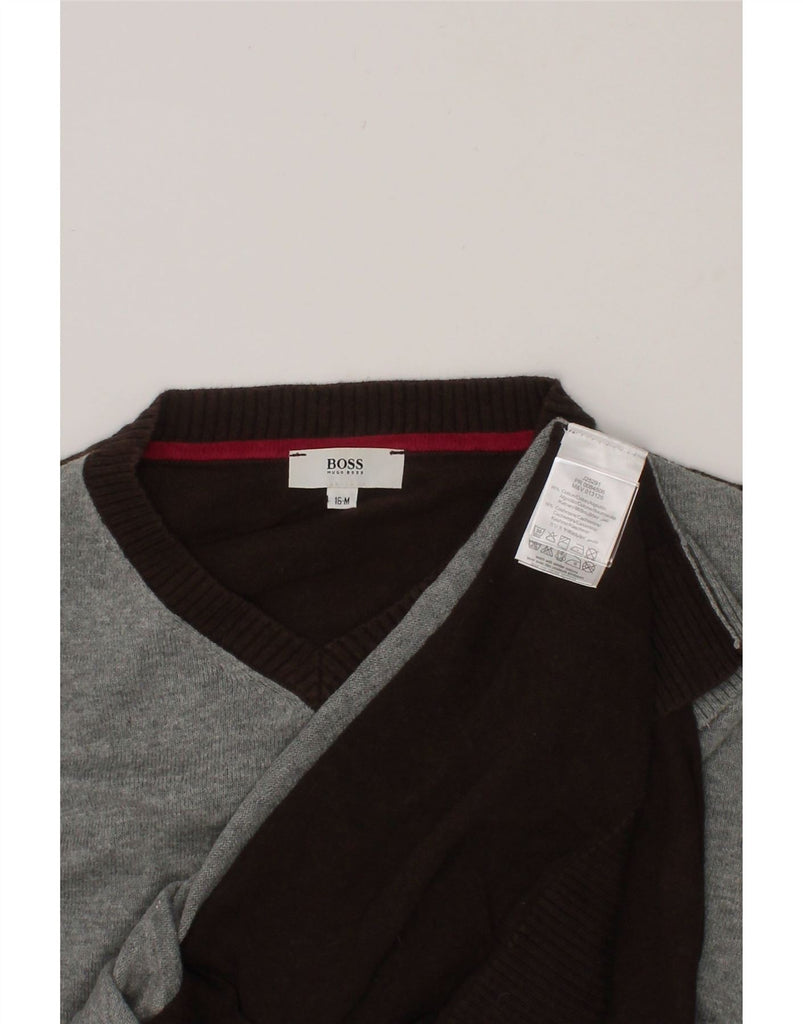HUGO BOSS Boys V-Neck Jumper Sweater 15-16 Years Grey Colourblock Cotton Vintage Hugo Boss and Second-Hand Hugo Boss from Messina Hembry 