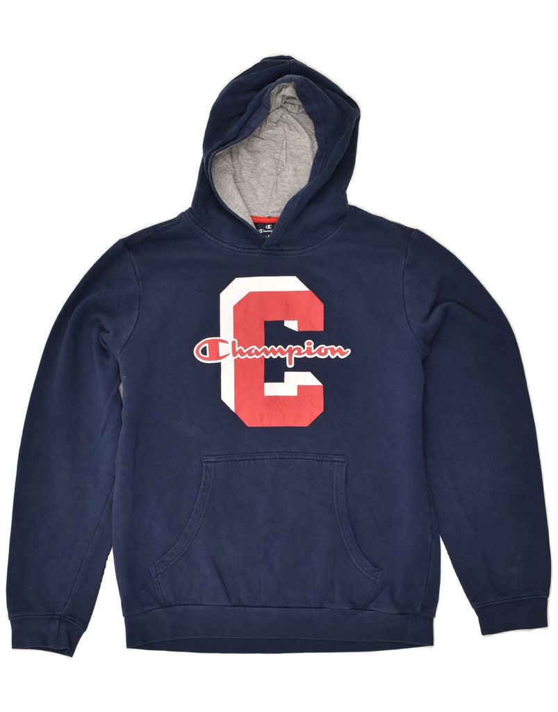 CHAMPION Boys Graphic Hoodie Jumper 13-14 Years XL Navy Blue Cotton | Vintage Champion | Thrift | Second-Hand Champion | Used Clothing | Messina Hembry 