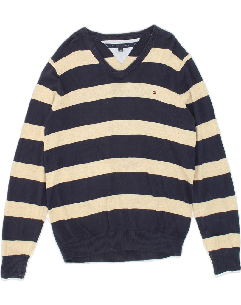 TOMMY HILFIGER Mens V-Neck Jumper Sweater Large Navy Blue Striped Cotton | Vintage Tommy Hilfiger | Thrift | Second-Hand Tommy Hilfiger | Used Clothing | Messina Hembry 