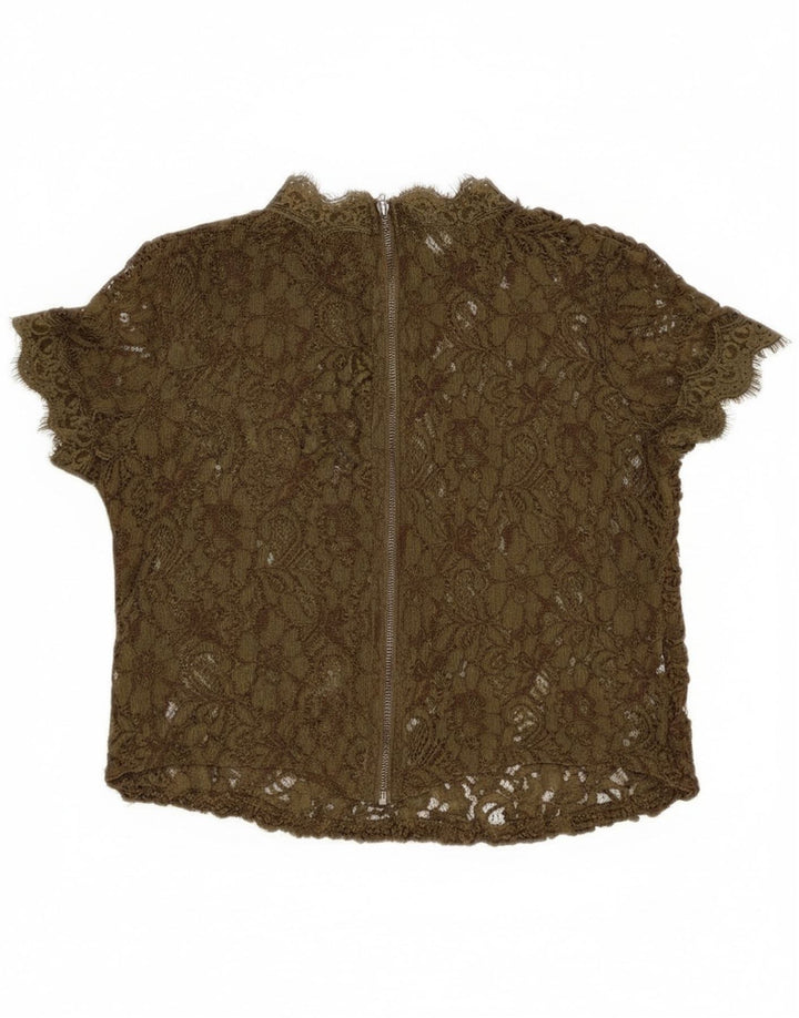 Zara Womens Lace See Through Blouse Top UK 8 Small Khaki