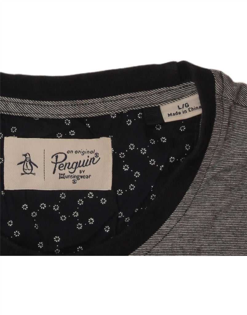 PENGUIN Mens T-Shirt Top Large Navy Blue Pinstripe Vintage Penguin and Second-Hand Penguin from Messina Hembry 