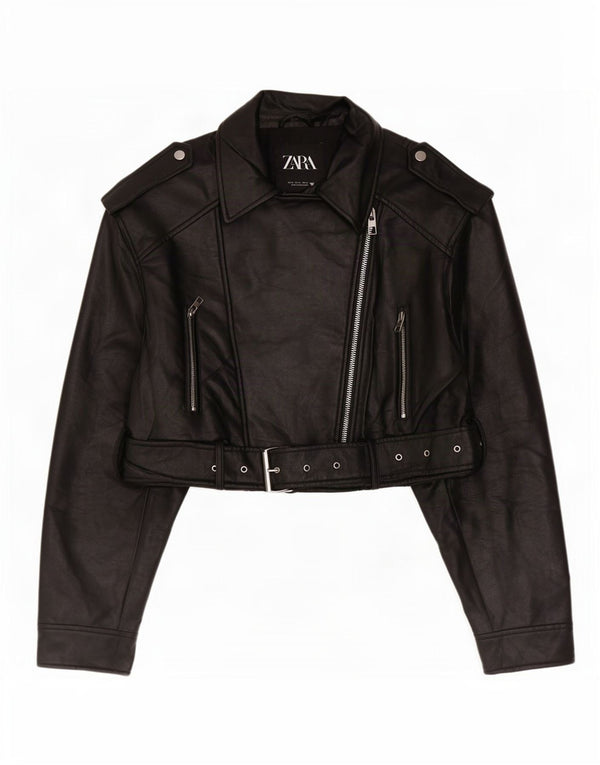 Zara Womens Crop Faux Leather Biker Jacket UK 18 XL Black Polyester