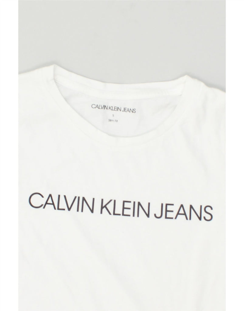 CALVIN KLEIN JEANS Womens Slim Fit Graphic T-Shirt Top UK 10 Small White | Vintage Calvin Klein Jeans | Thrift | Second-Hand Calvin Klein Jeans | Used Clothing | Messina Hembry 